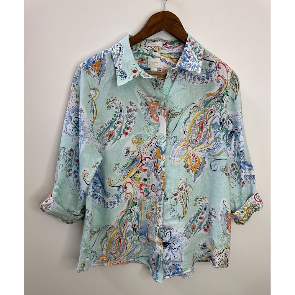 Chicos Effortless Linen Whimsy No-Iron Paisley Button Down Shirt Size 2 Large 12 - Picture 10 of 10
